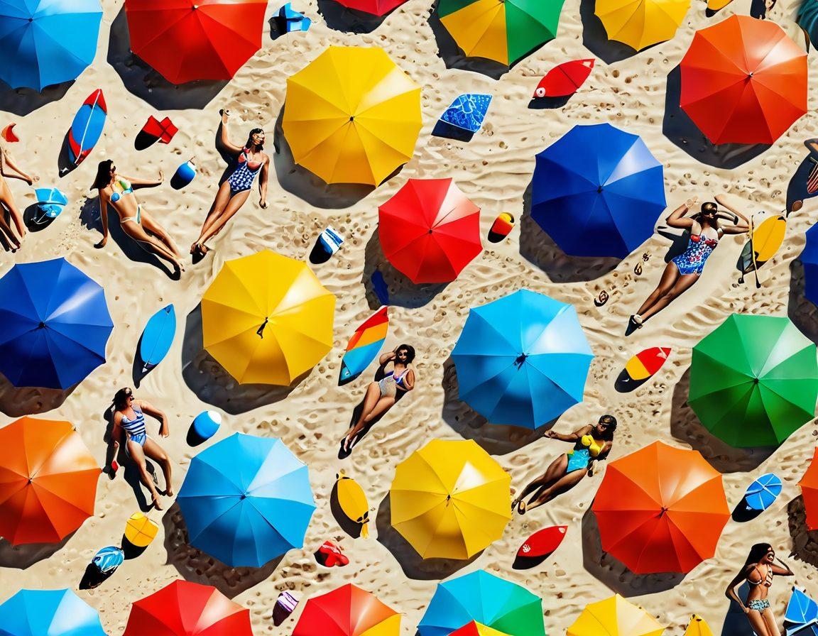 A stylish beach scene featuring diverse individuals in colorful swimwear, each representing different financial strategies through fun accessories like lifebuoys with dollar signs and surfboards labeled with budget plans. The sun sparkles on the water, symbolizing financial growth, while vibrant beach umbrellas cast playful shadows on the sand. The atmosphere is lively and encouraging. vibrant colors. summer vibe. super-realistic.