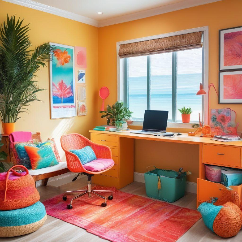 A stylish split image showcasing a trendy bathing suit on one side with vibrant beach accessories, and on the other side, a cluttered but organized home office space with budgeting tools and financial charts. The transition between the two halves should be seamless, symbolizing the connection between fashion and financial savvy. Bright, appealing colors should be used to evoke a sense of energy and motivation. super-realistic. vibrant colors.